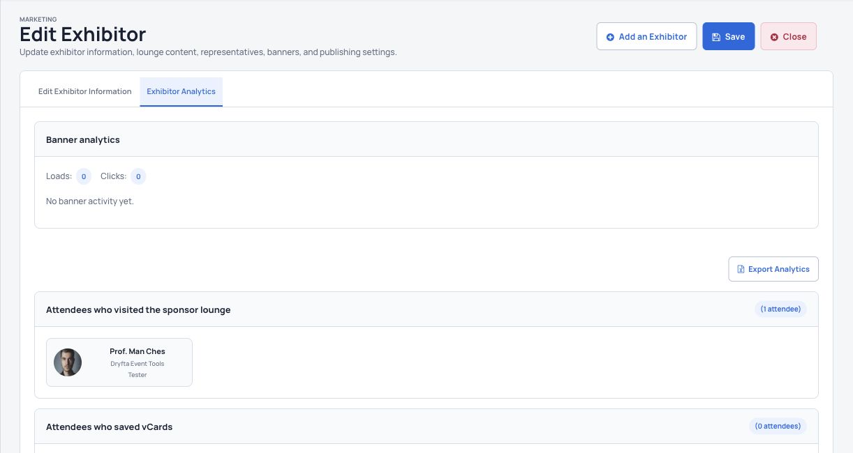 Exhibitor activity reporting with visits, contact-card exchanges, downloads and banner activity.