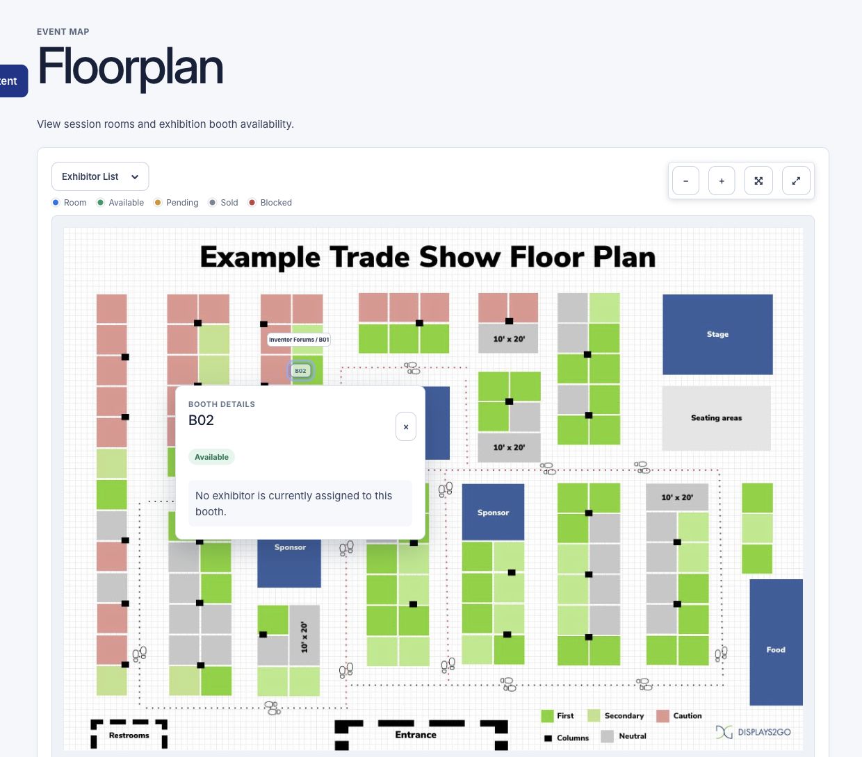An available booth selected on the interactive exhibition floor plan.