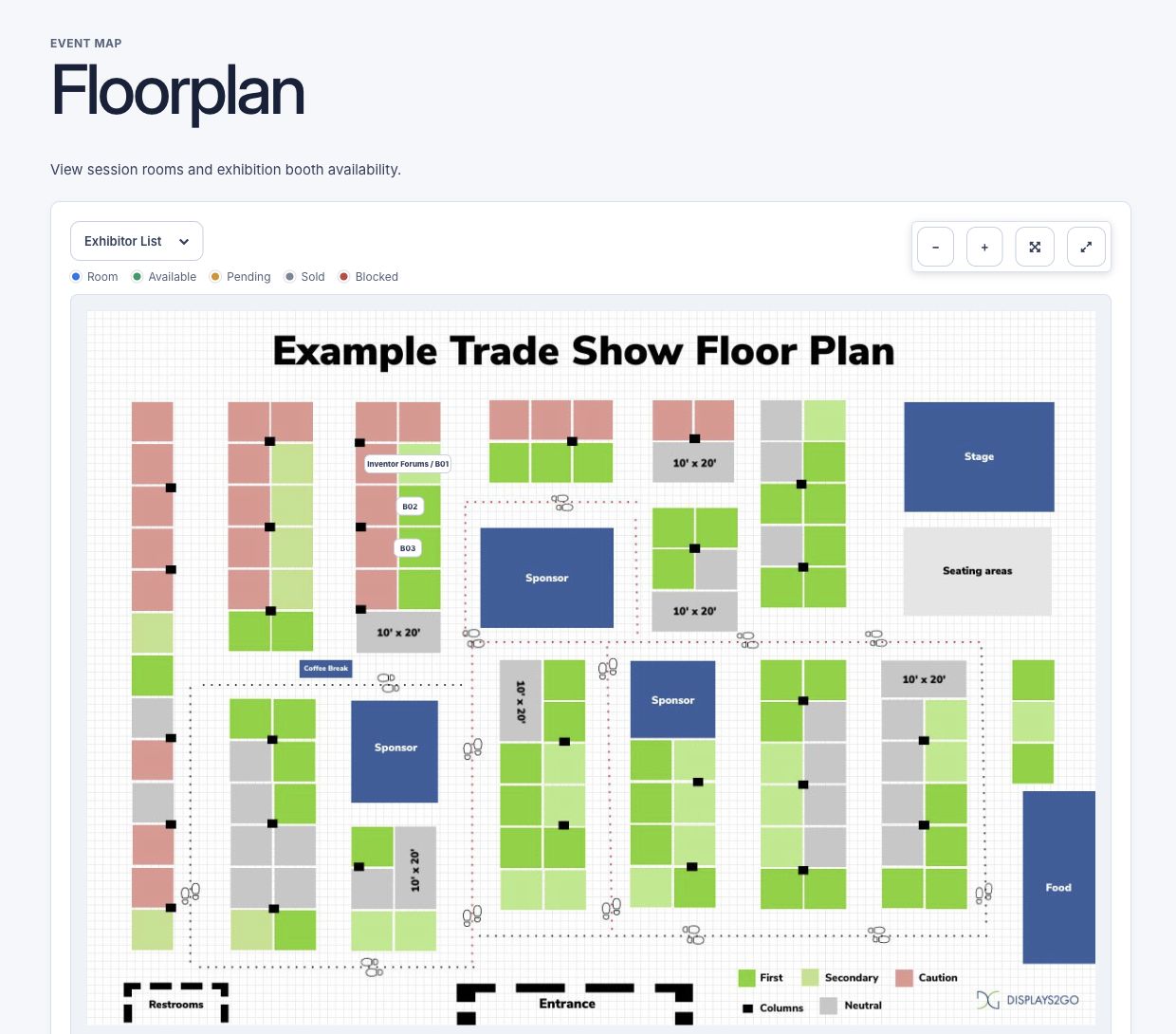 An interactive event floor plan with booth markers and an availability legend.
