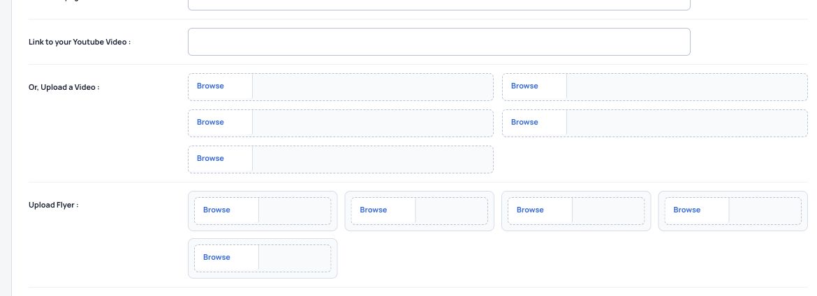 Company video links, video uploads and flyer uploads in the exhibitor editor.