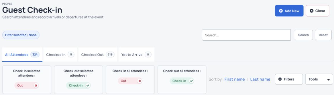 Guest Check-in in the organizer dashboard, with attendee search, arrival-status tabs and check-in and check-out controls.