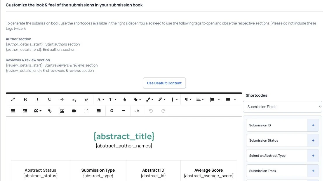 Choose fields and layout for the abstract book.