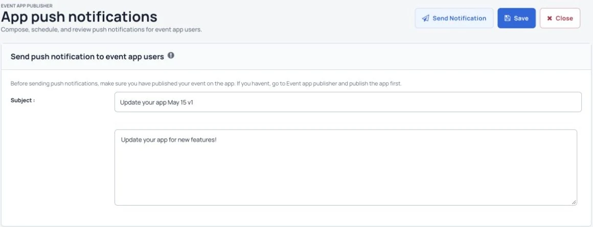 Compose and schedule a push notification for event app users.