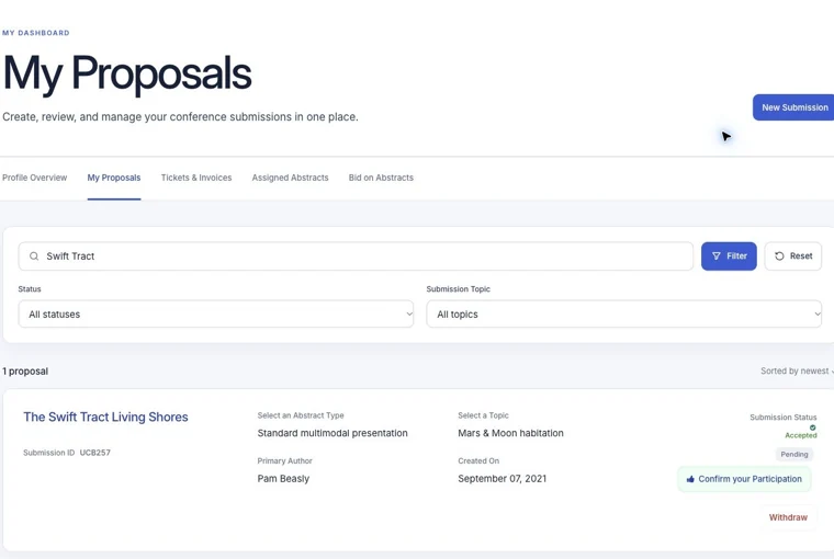 Authors can filter their proposals, see decisions and confirm participation.