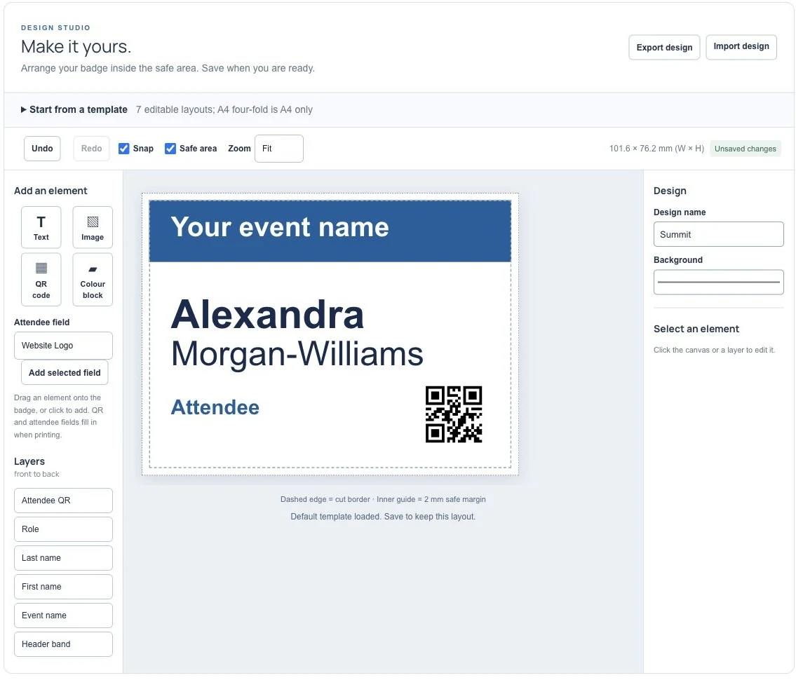 A badge layout in the badge designer.