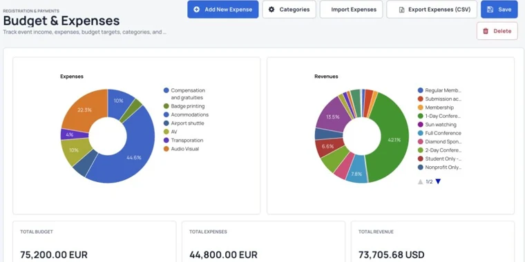Track event expenses, categories and budget totals.