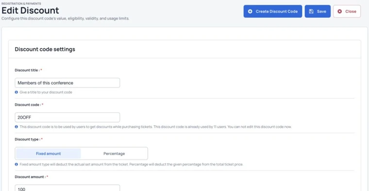 Set a discount’s amount, usage limits and validity dates.