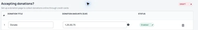 Set a donation title and suggested donation amounts.