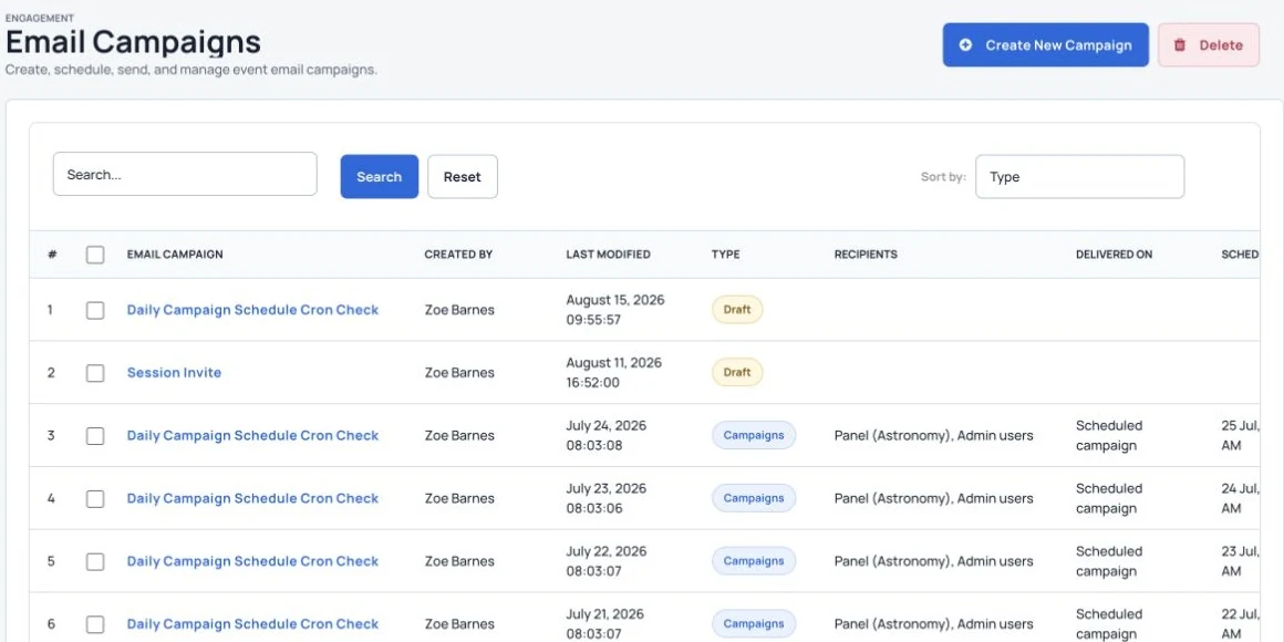 Create and schedule email campaigns for your event.