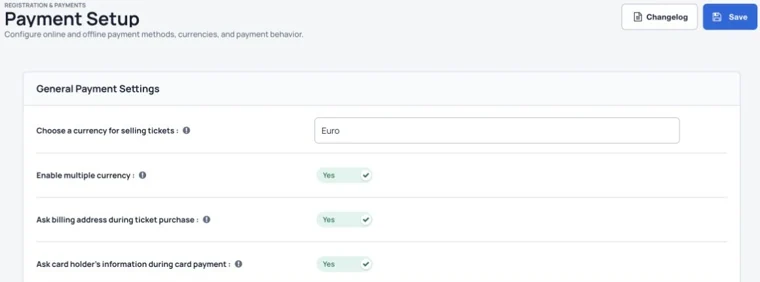 Currencies, billing details and checkout settings.
