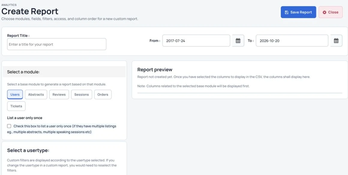 Choose the report module, dates and columns.