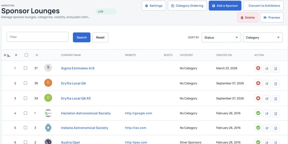 Sponsor records with company, booth and category details.