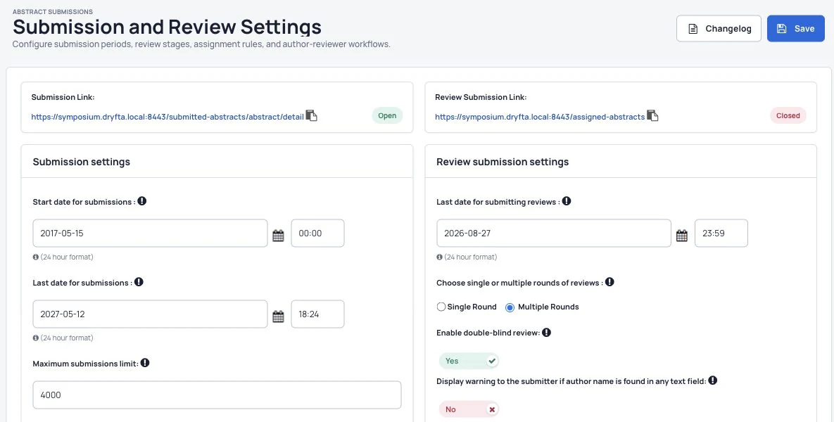 Submission deadlines, author options and review settings.