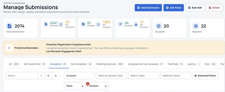 Submission status and review progress.