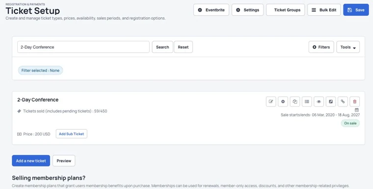 Create and manage ticket types in the Dryfta demo event.