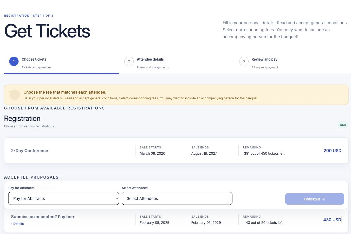 Attendees choose tickets and follow the registration steps on the event website.