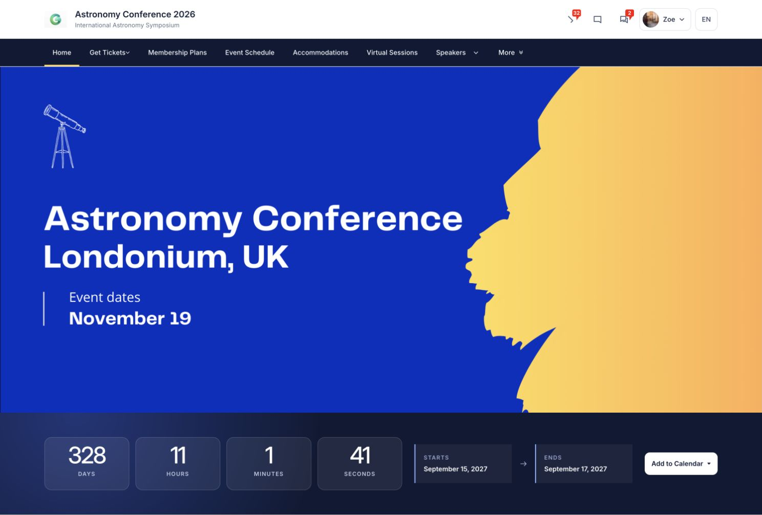 An event homepage, with navigation, an event banner and countdown.
