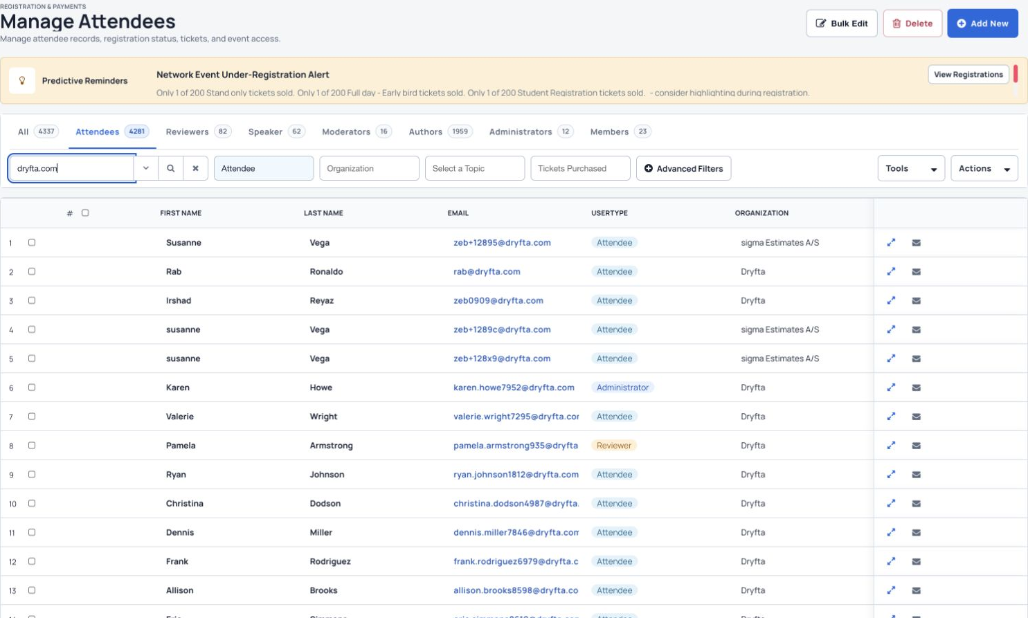 Search and organize attendee records in Manage Attendees.