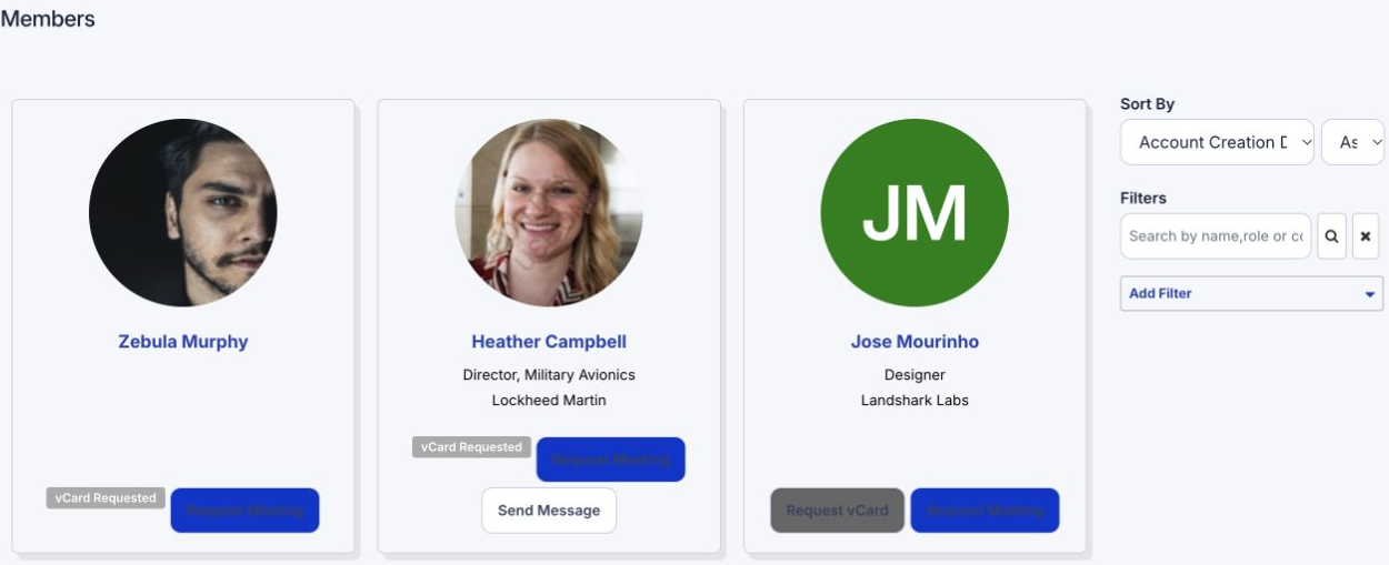 Member profiles, search and filters on the event website.
