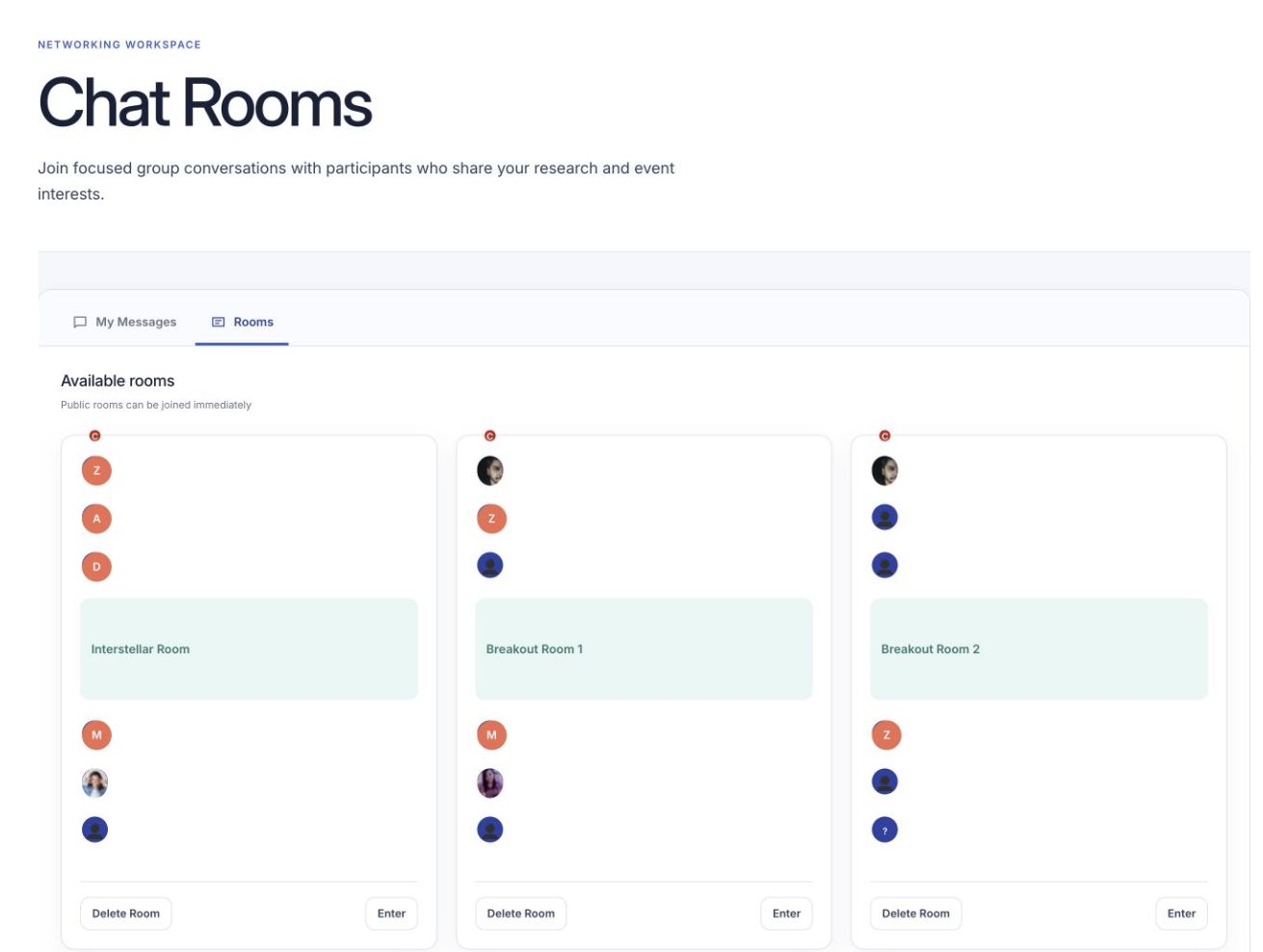 Attendees find public topic rooms on the event website.