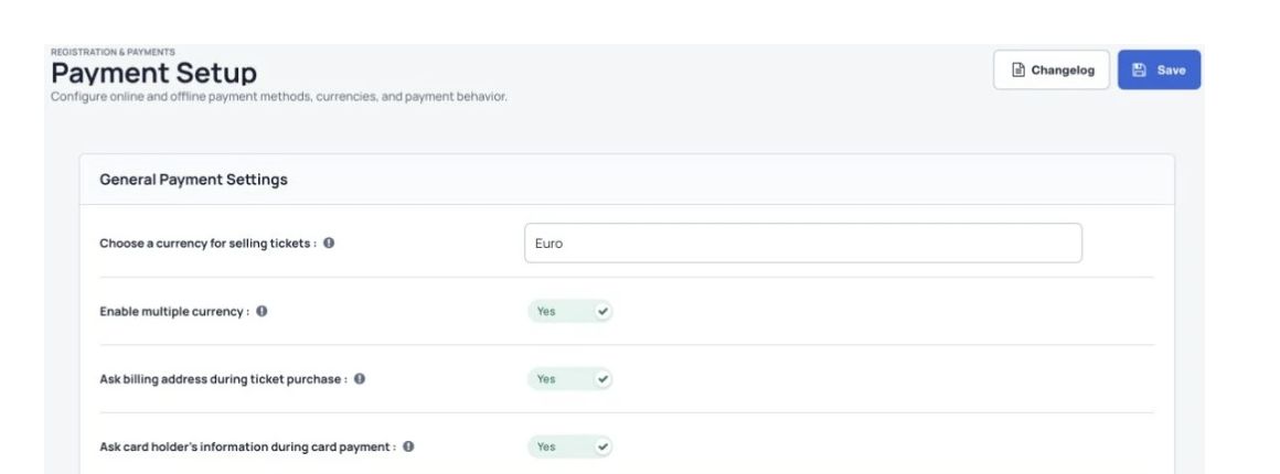 Currencies, billing details and checkout settings.