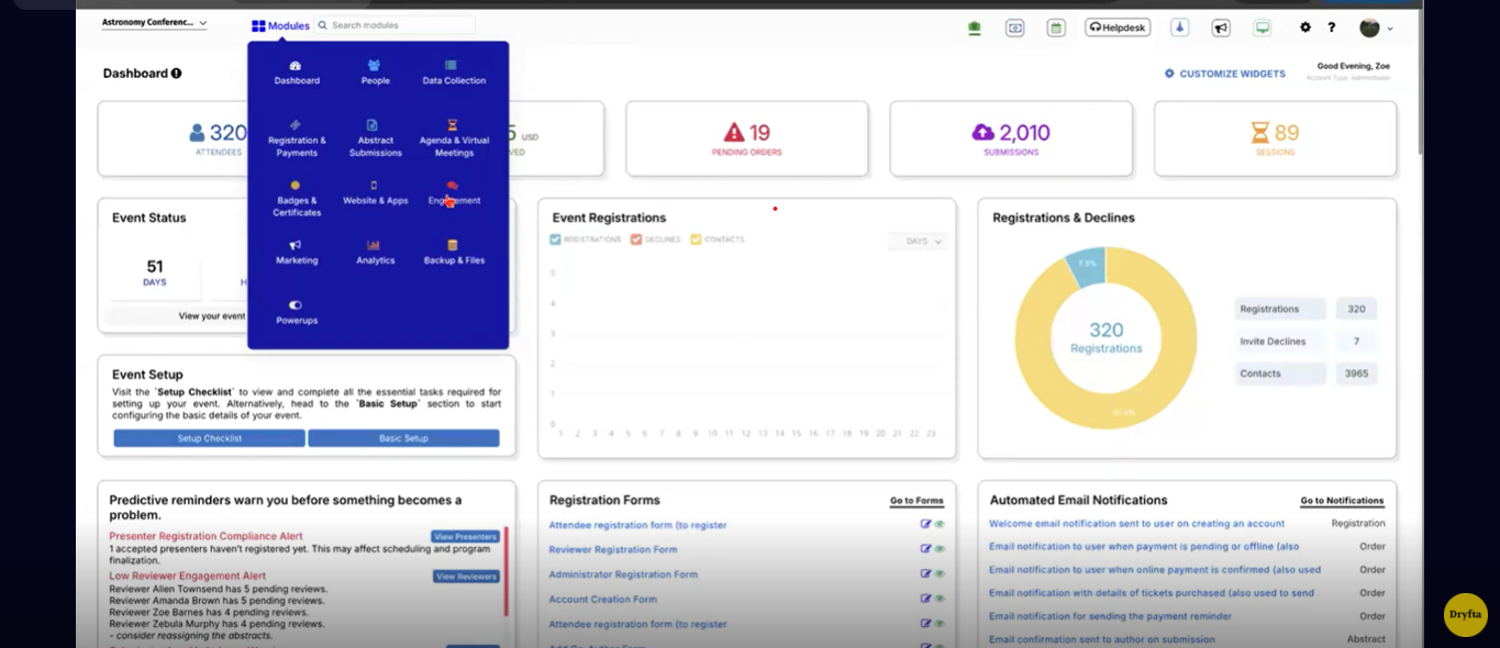 Dryfta Dashboard For Corporate event planners