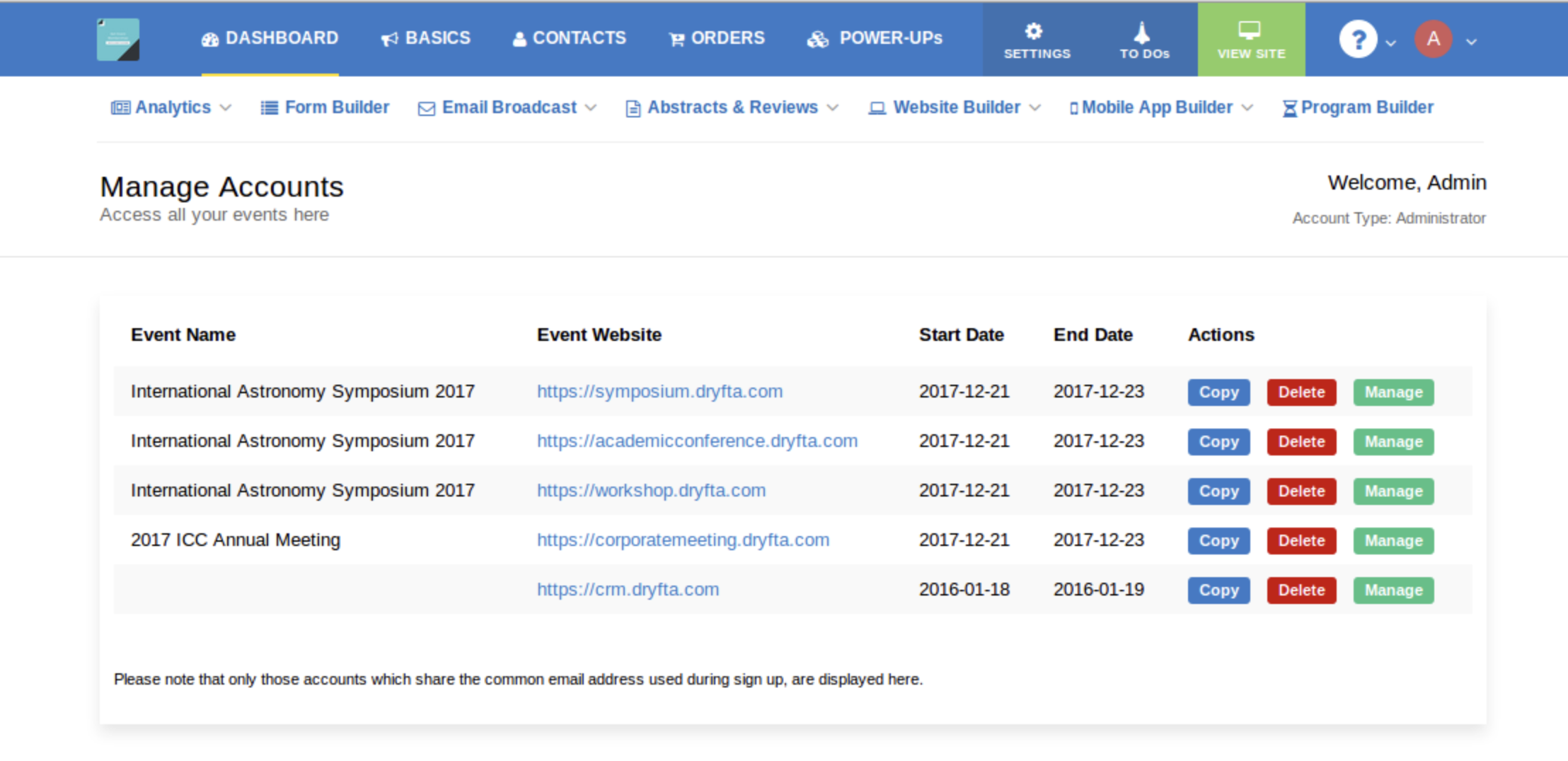 Multi-event dashboard