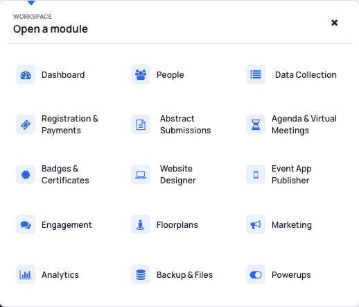 Dryfta module selector showing Event App Publisher beside Website Designer and other event management modules.