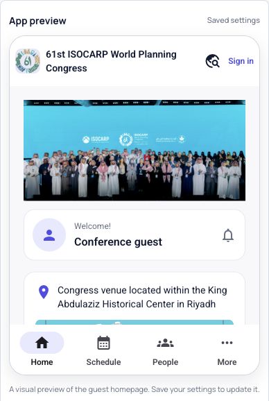 Dryfta saved guest-homepage app preview with an event banner, guest welcome card, venue information, and Home, Schedule, People, and More navigation.