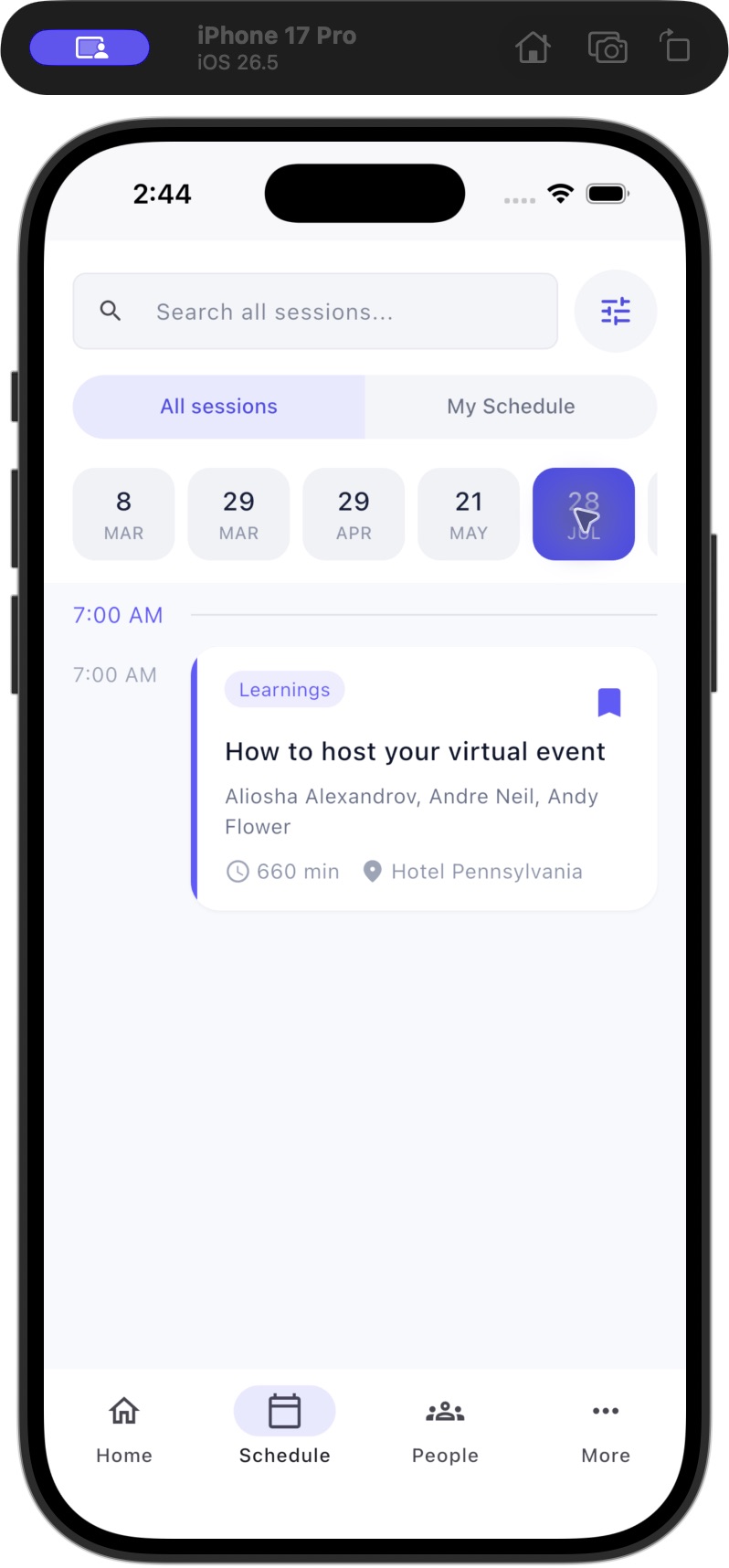 Dryfta Schedule screen with day tabs, All sessions and My Schedule.