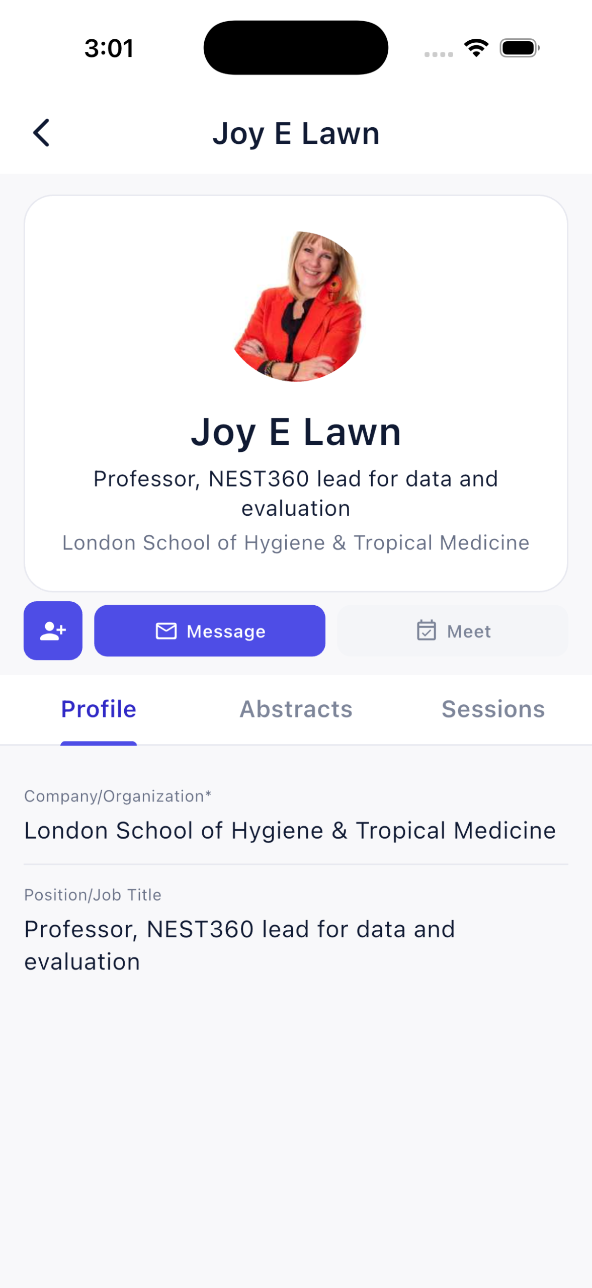 Dryfta public speaker profile with Profile, Abstracts and Sessions tabs and separate organization and position fields.