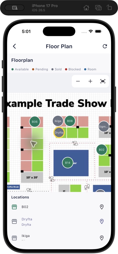 Dryfta event app floor plan with zoom controls, booth markers, a status legend and a Locations list.