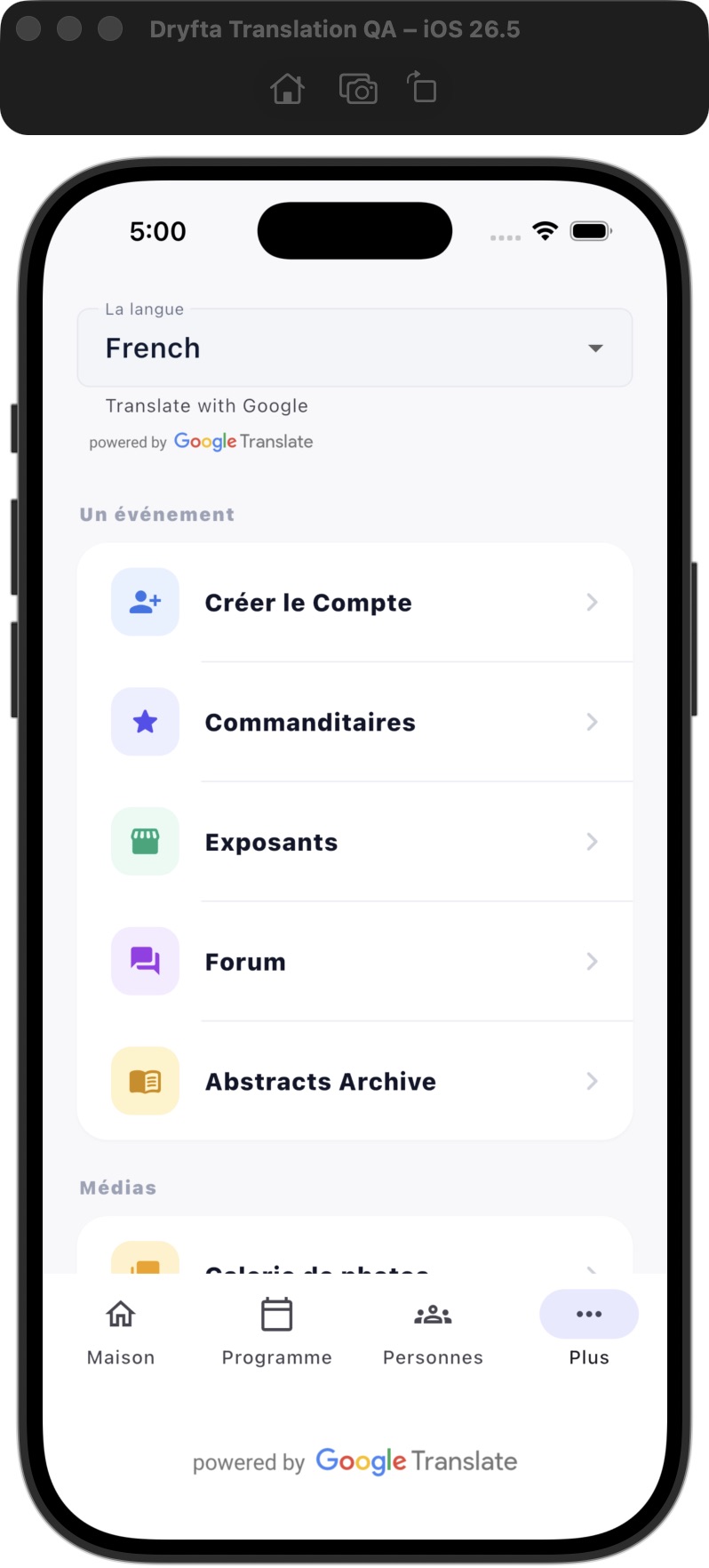 The Dryfta More menu with French selected and Google translation attribution.