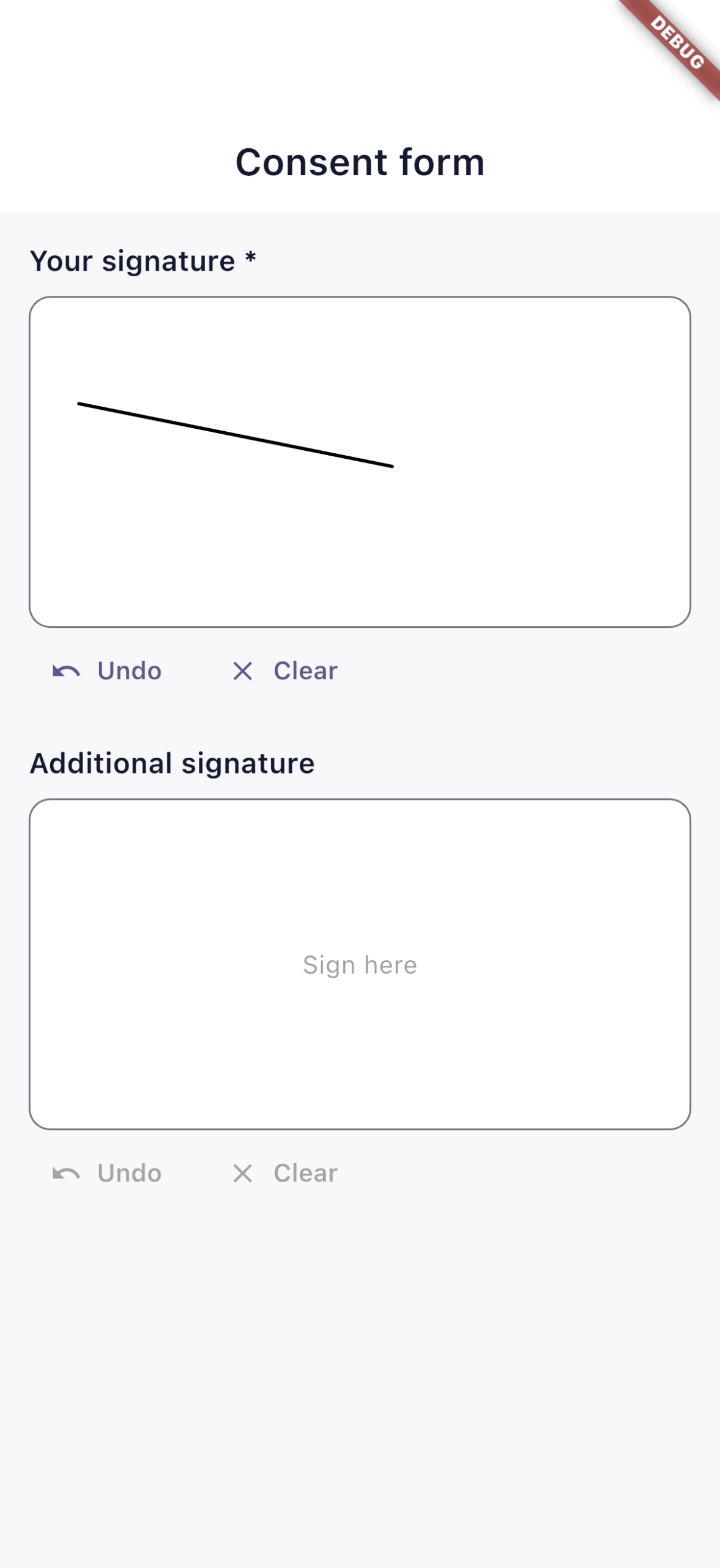 Actual iOS app signature drawing control with Undo and Clear, using demonstration form data.