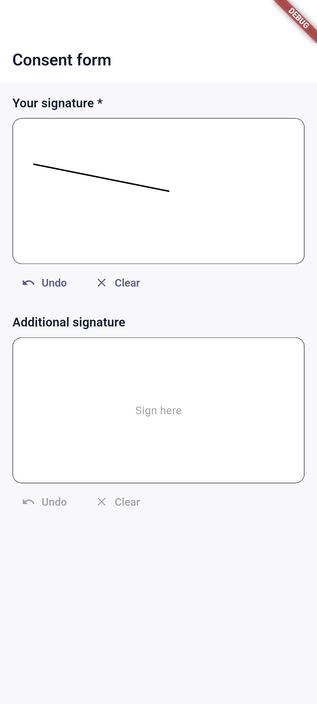 Actual Android app signature drawing control with required and optional signature fields.
