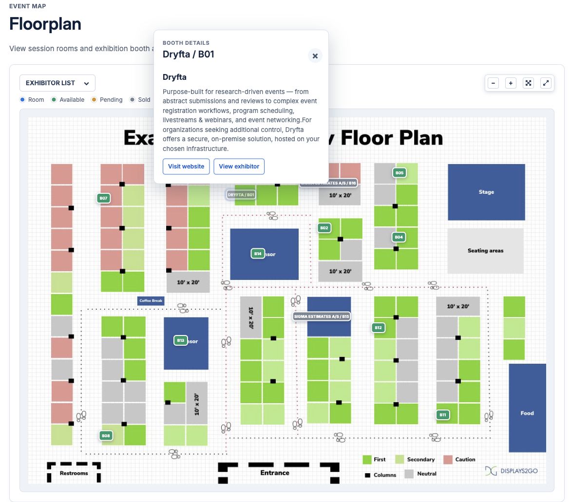 Published Dryfta demonstration floor plan with a booth selected and a View exhibitor link.